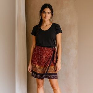 Studio Maroon Gold Navy Wraparound Skirt Women’s Med Boho Chic Statement Piece